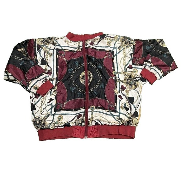 Jackets & Blazers - Sporting Club Vtg 90s Womens L Oversized Satin Bomber Jacket Equestrian Chains